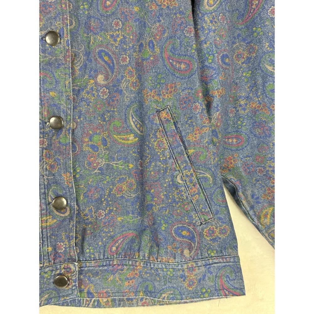 Vintage 90s Paisley Denim Jacket Womens 12 Blue Floral Boho Western Casual - Picture 3 of 10